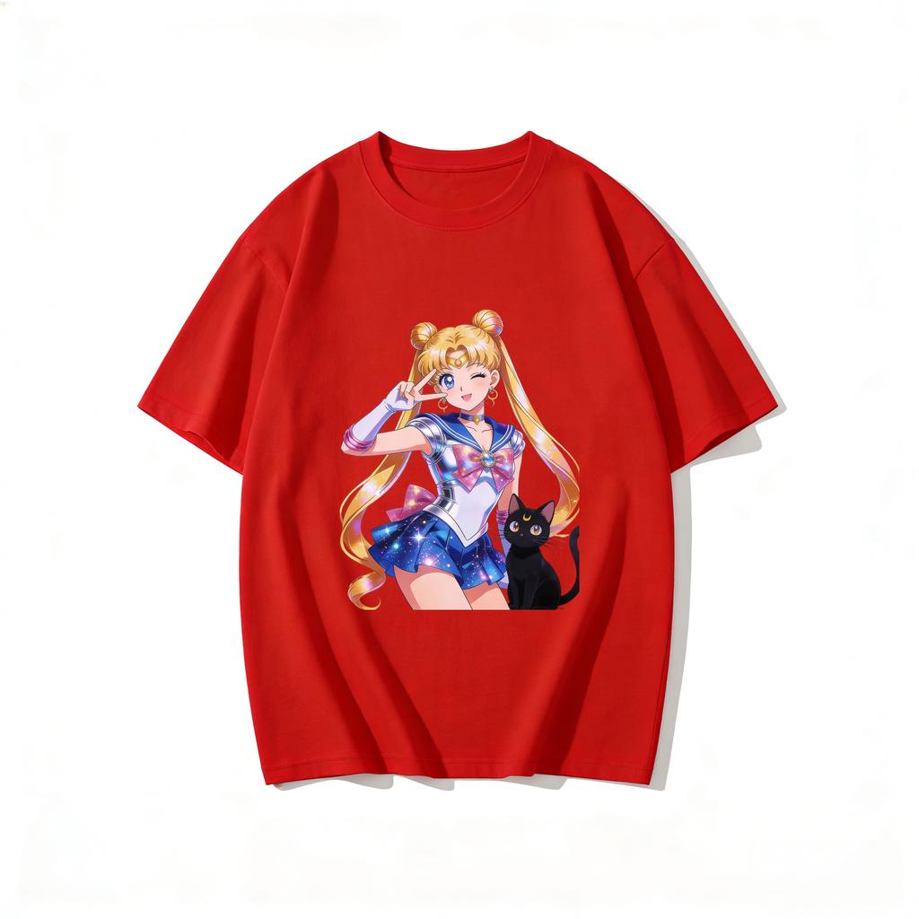 Summer Hot Sailor Moon Tsukino Usagi Luna Cat T-shirt Print Casual Tee Parent-child Matching Tops Versatile