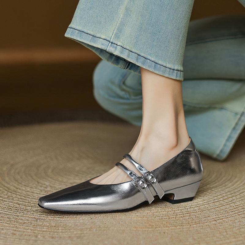 Fashion NEW Spring/Autumn Women Pumps Genuine Leather Shoes for Women Square Toe Chunky Heel Shoes Concise Metal Buckle Mary Jane Shoes
