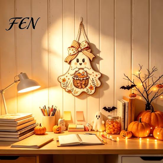 Vintage Style Halloween Sign Cute Bow Ghost Hanging Sign, Rustic Retro Floral Door with Pumpkin Party Background Decor Basket, Wooden Pendant