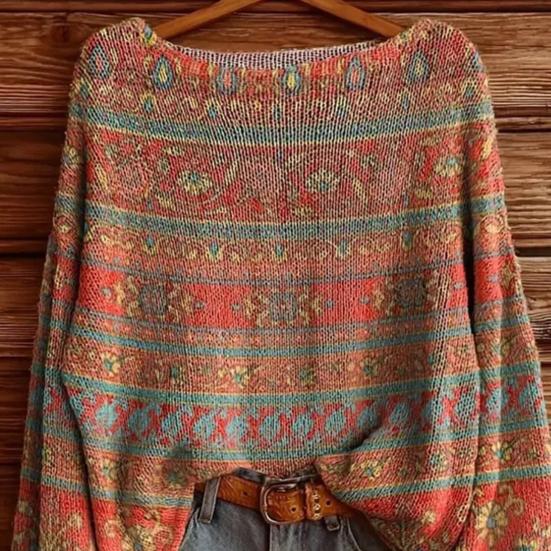 Женский осенний свитер с круглым вырезом и длинным рукавом, винтажный пуловер оверсайз, этнические графические вязаные топы для повседневной носки