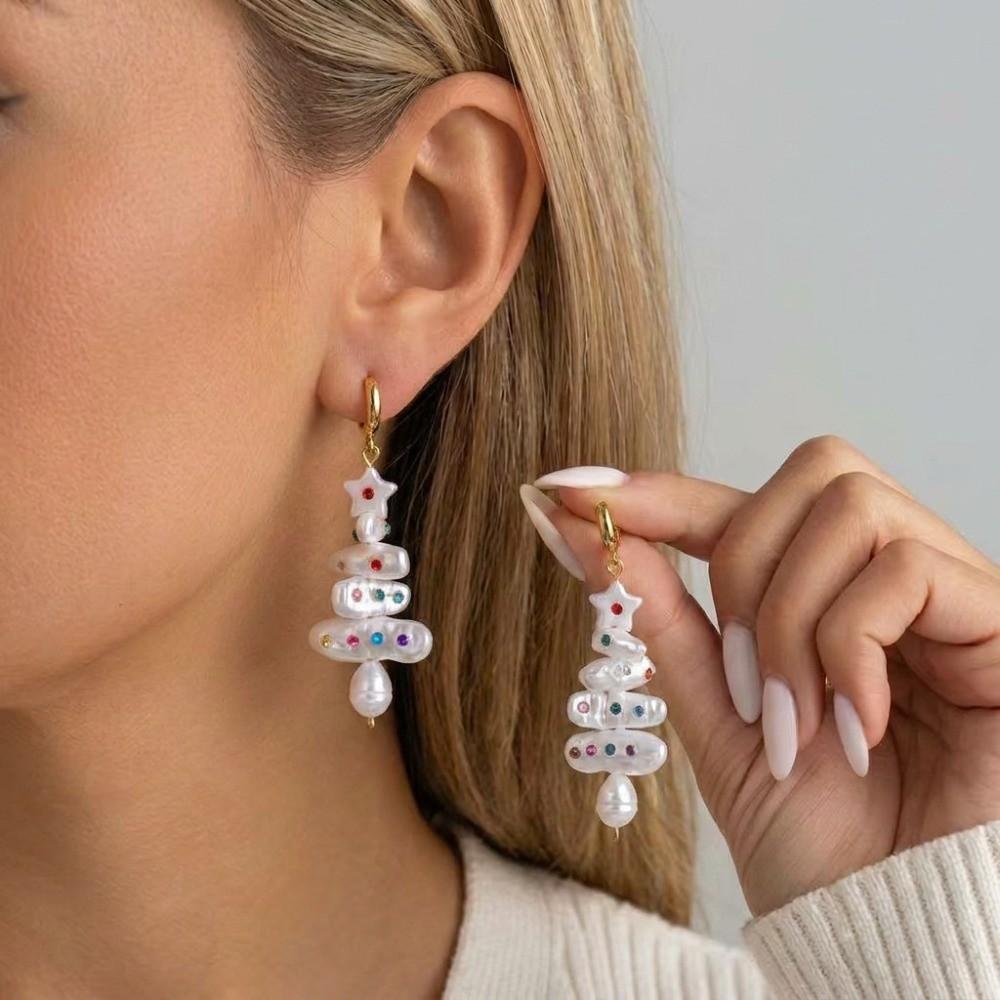 Crystal Christmas Dangle Earrings Colorful Rhinestone Imitation Pearl Earrings Christmas