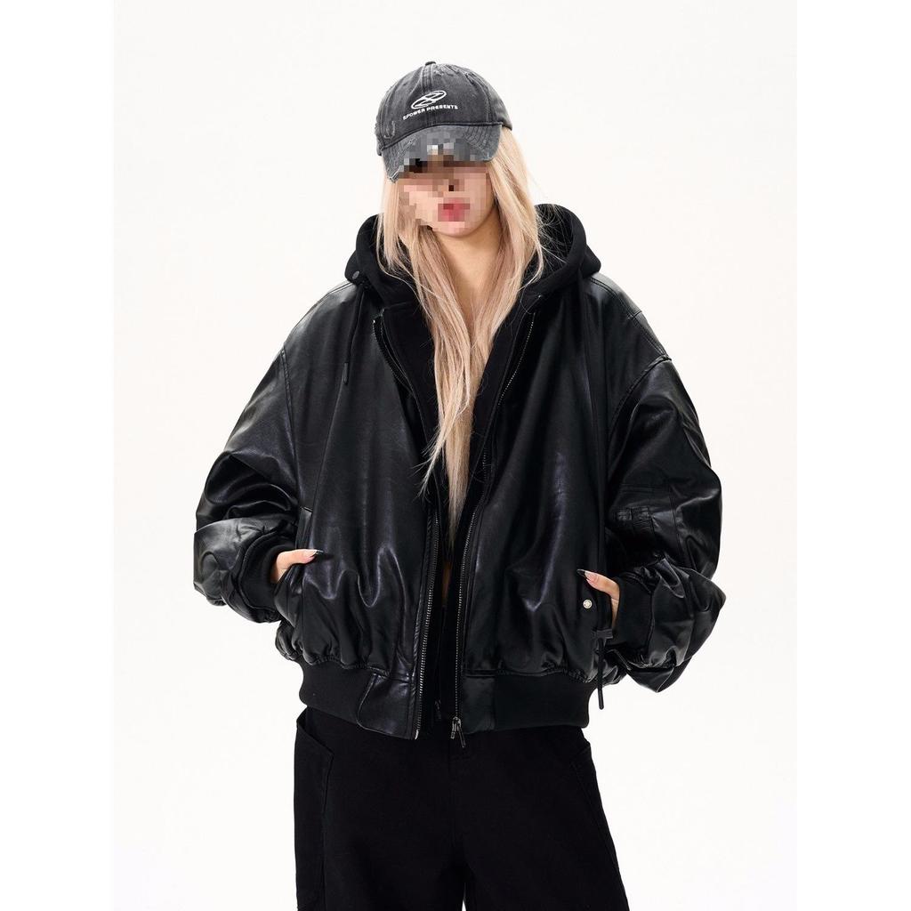Унисекс Черная Бомбер-куртка с капюшоном, Пэчворк из Искусственной Кожи, 2025