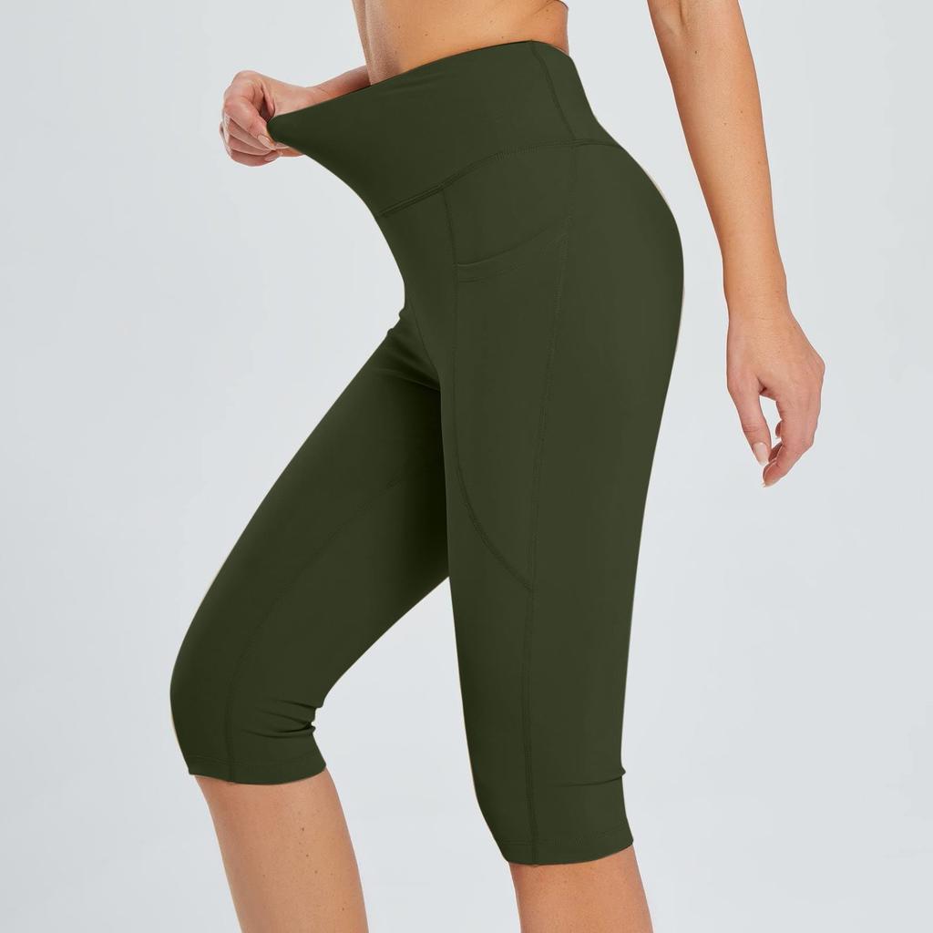 Women  Elastic High Waist 3/4 Pant Casual Active  Fit Wide Capris Leg Pants Trousers With Pockets