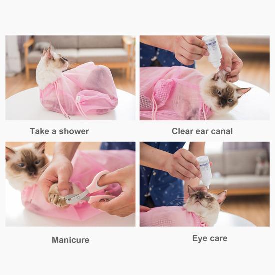 Breathable Mesh Cat Shower Bag Anti-Scratch Anti-Bite Adjustable Grooming Bag for Nail Trimming Bathing Cat Washing