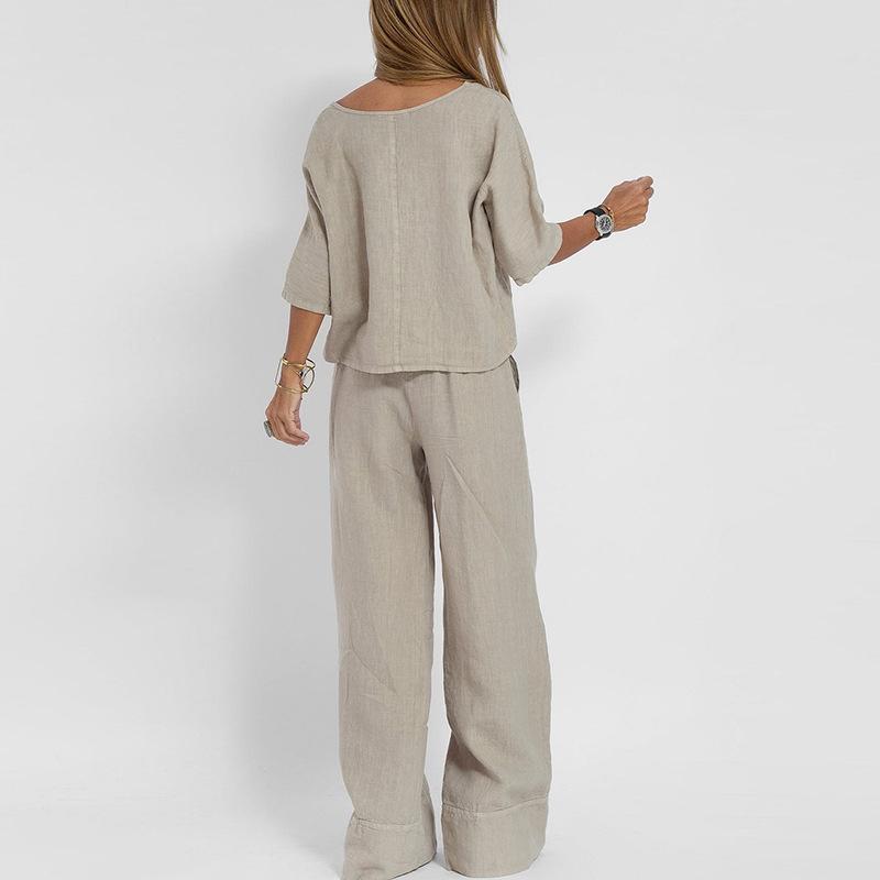 Повседневный модный пляжный костюм с карманами и брюками, весенне-летний костюм из двух частей с короткими рукавами из хлопка и льна, однотонный