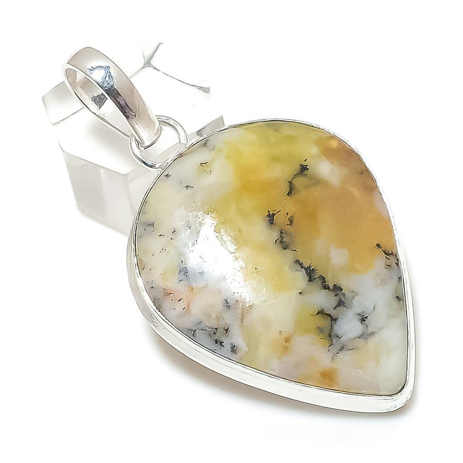 Natural Honey Dendritic Gemstone 925 Sterling Silver Jewelry Pendant 2.32" r0O88