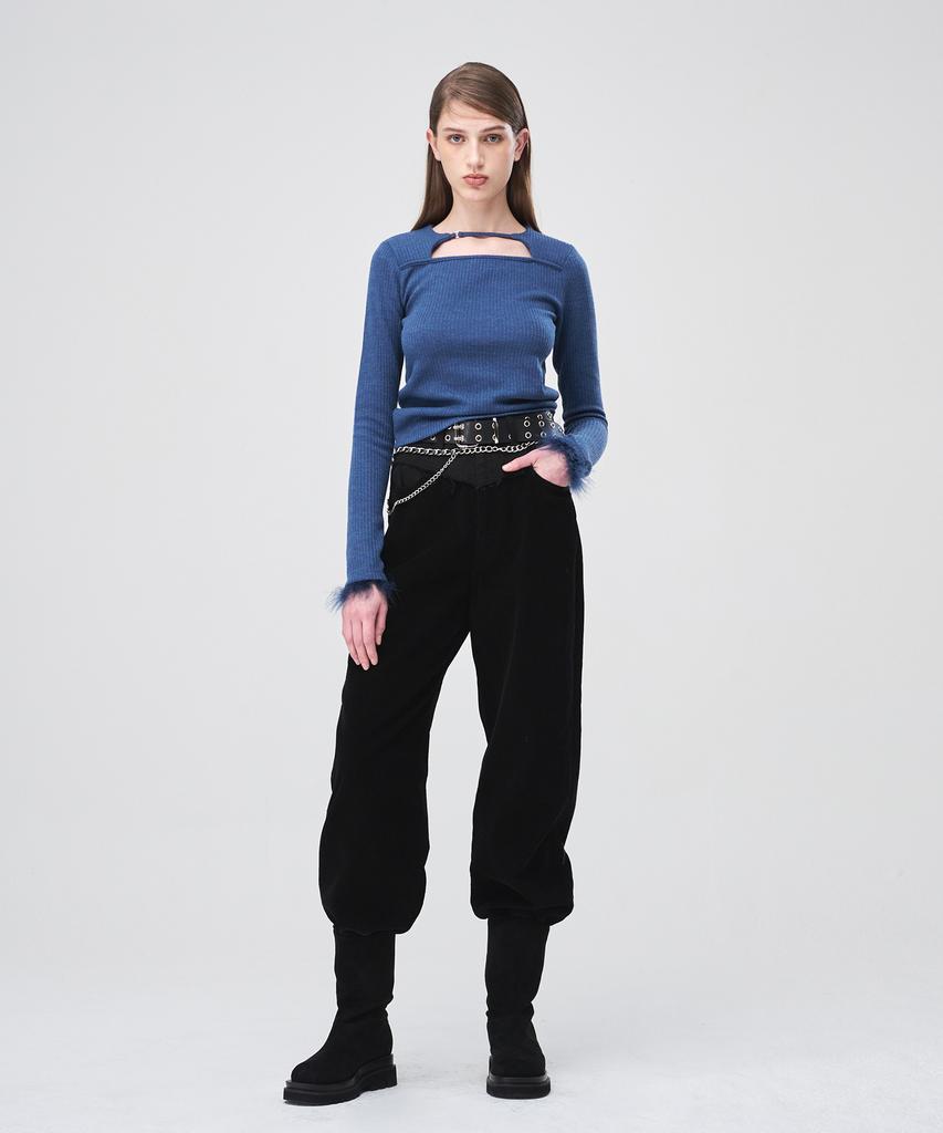 ETMON Fur Trimmed Strap T-Shirt Blue