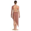 Womens Lyrical Dance Rhinestones Bodysuit Dress Single Long Sleeve Irregular Mesh Hem Dress