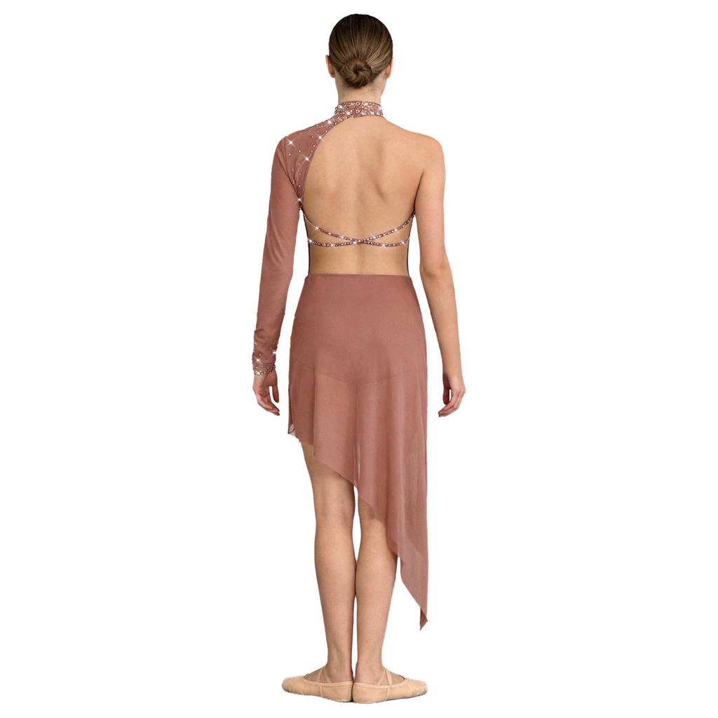 Womens Lyrical Dance Rhinestones Bodysuit Dress Single Long Sleeve Irregular Mesh Hem Dress