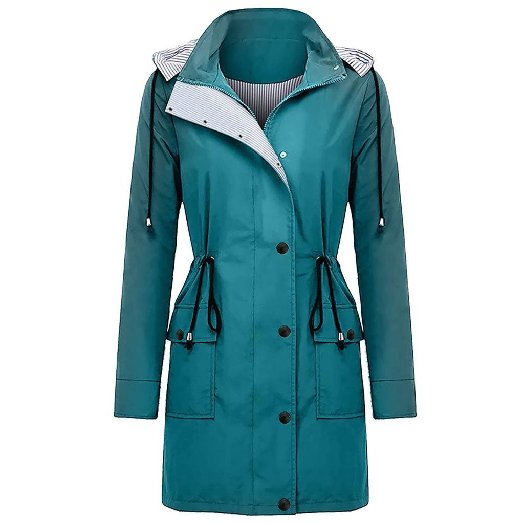 Women Solid Rain Jacket Outdoor Plus Size Waterproof Hooded Windproof Loose Coat