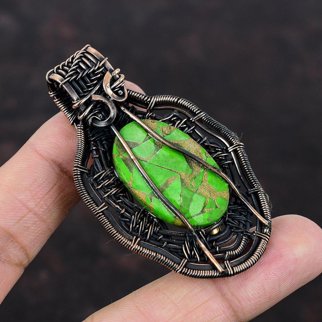 Медный зеленый бирюзовый драгоценный камень кулон медная проволока обернутая ювелирное изделие ручной работы новейший дизайн кулон медная проволока обернутая кулон подарок для мамы