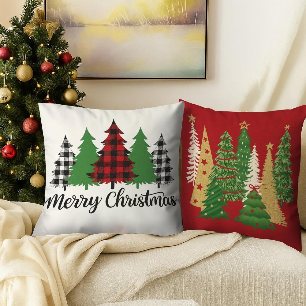 Red Background, Green and Gold Christmas Tree and Lattice Tree, Christmas Pillowcase, Super Eye-catching 2d Graphic Printing