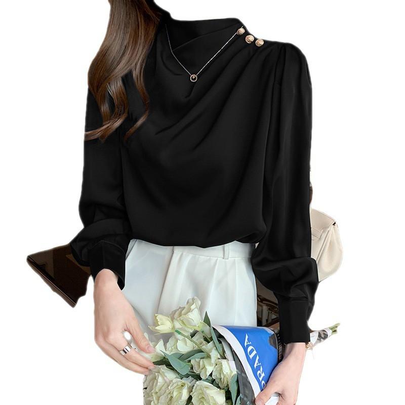 Womens Chiffon Blouse With Puffed Sleeves Office Wear Elegant Round Neck Long Sleeve Top