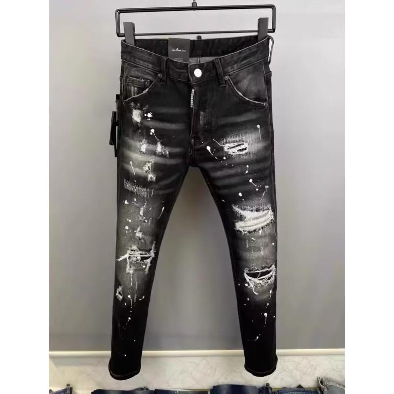 Mens Slim Fit Jeans Streetwear Distressed Embroidered Denim Pants Youth