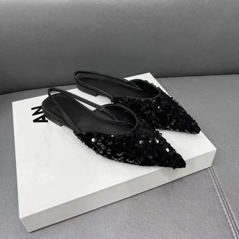 Мода 2025 Новые Летние Женские Сандалии с Закрытым Носком Модные Туфли-Слипоны с Пайетками Женские Элегантные Вечерние Платья Балетки Сандалии