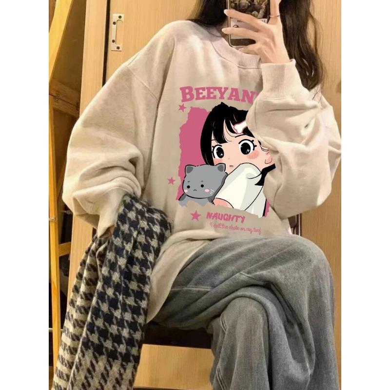 Autumn and Winter Round Neck Plus Size Loose Women's Couples Wear Padded Long Sleeve Pullover