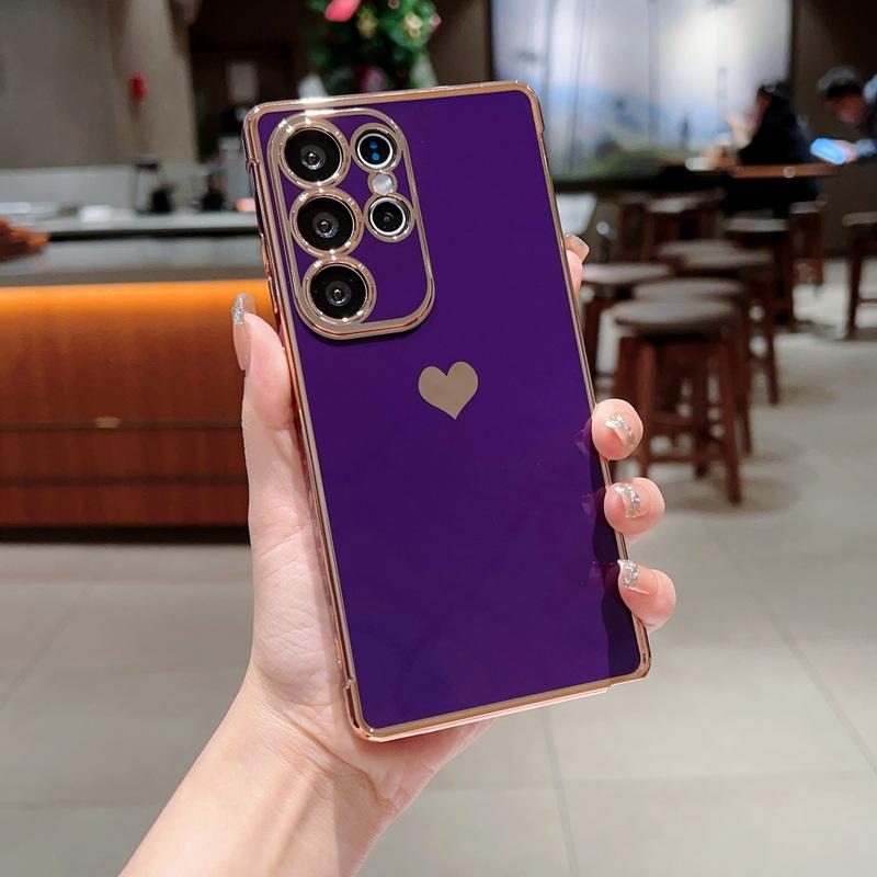 Solid Color Love Heart Print Slim Case For Samsung Galaxy S25 Ultra S24 FE S23 S22 S21 A16 A55 A15 A35 A25 A14 Plating TPU Soft Shockproof Phone Cover