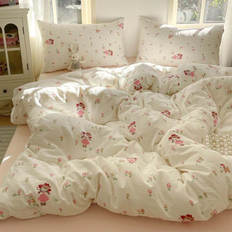 G5Z25 Jacquard Four-Piece Nude-Sleep Bedding Set with Cloud-Feel Double-Layer Gauze  for Girls, Includes Duvet Cover and Fitted Sheet