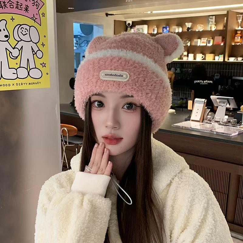 Hat Women's Autumn and Winter Sweet and Cute Ear Wool Hat Outdoor Warmth Thick Ear Protection Face Small Pullover Hat Trendy