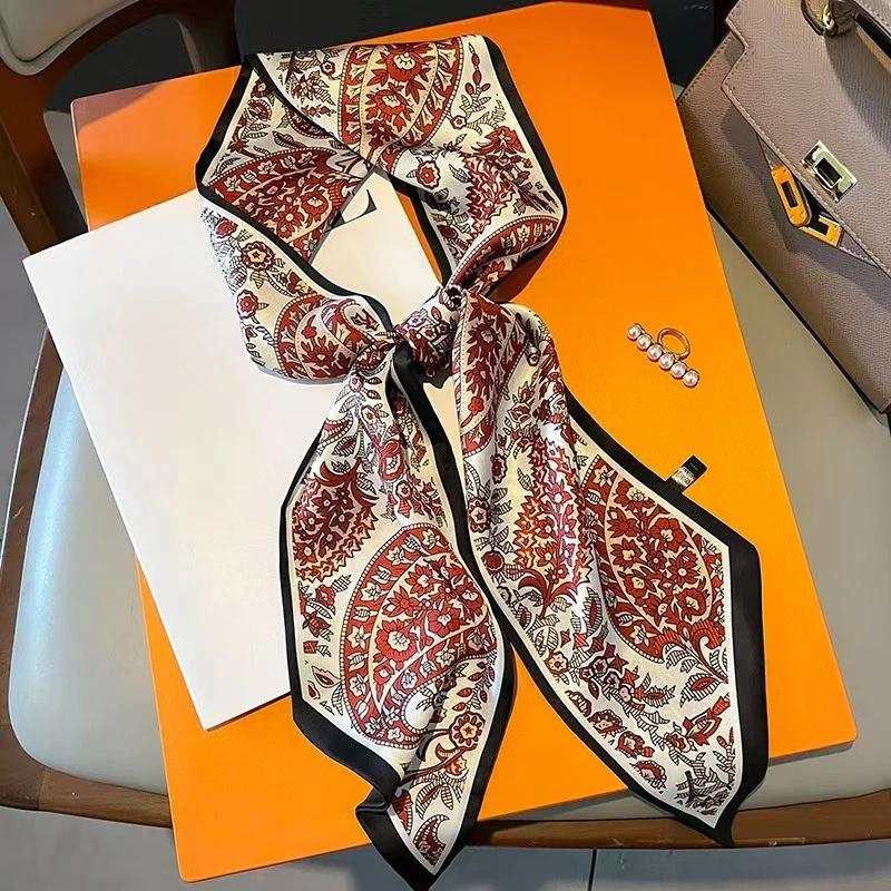 Fashion Plants Print Silk Scarf Skinny Ribbon Hairbands Women Neck Kerchief Foulard Soft Hair Bands Scarves Bag Handle Ribbon