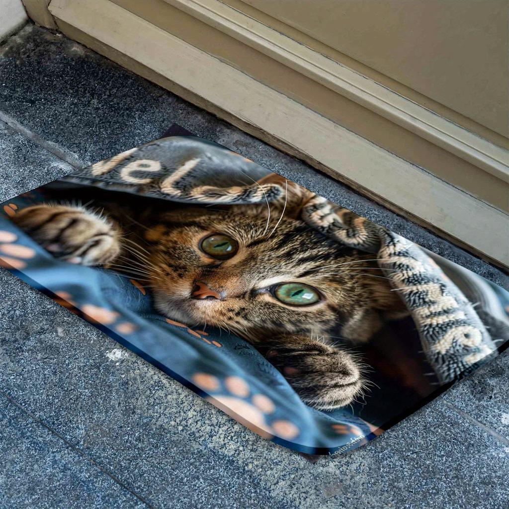 1Pcs Cat Peeking Under Mat with Paw Floor Mat Modern Kitchen Polyester Rug Non-Slip Colorful Indoor Carpet, For Home Bathroom Bedroom Living Room