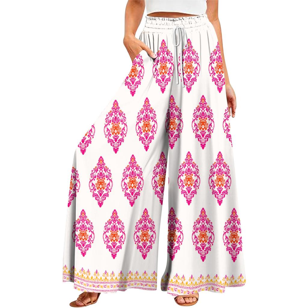 Женские летние широкие брюки с высокой талией и струящимися карманами, модные повседневные повседневные пляжные брюки в богемном стиле с принтом