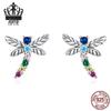 Colorful Dragonfly Sterling Silver Stud Earrings with Zircon Inlay
