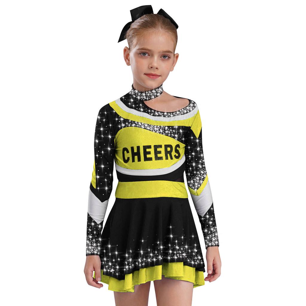 Girls Stage Performance Costume Long Sleeve Letter Print Shiny Rhinestones Color Block Cheerleading Set