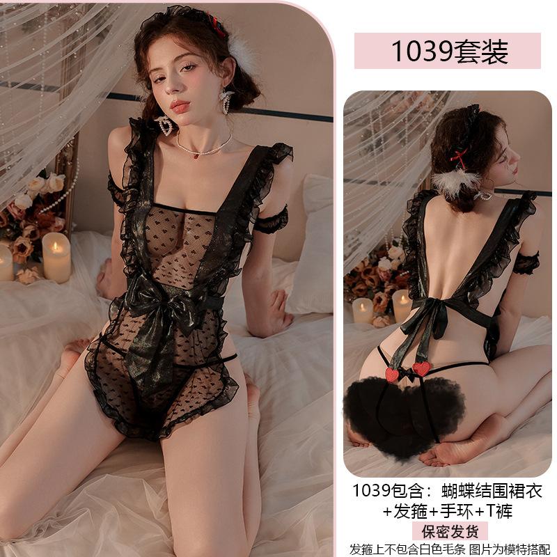 Erotic Underwear Sexy Maid Dress Pure Desire See-through polka dot lace Bow Uniform Seductive Pajamas 1039