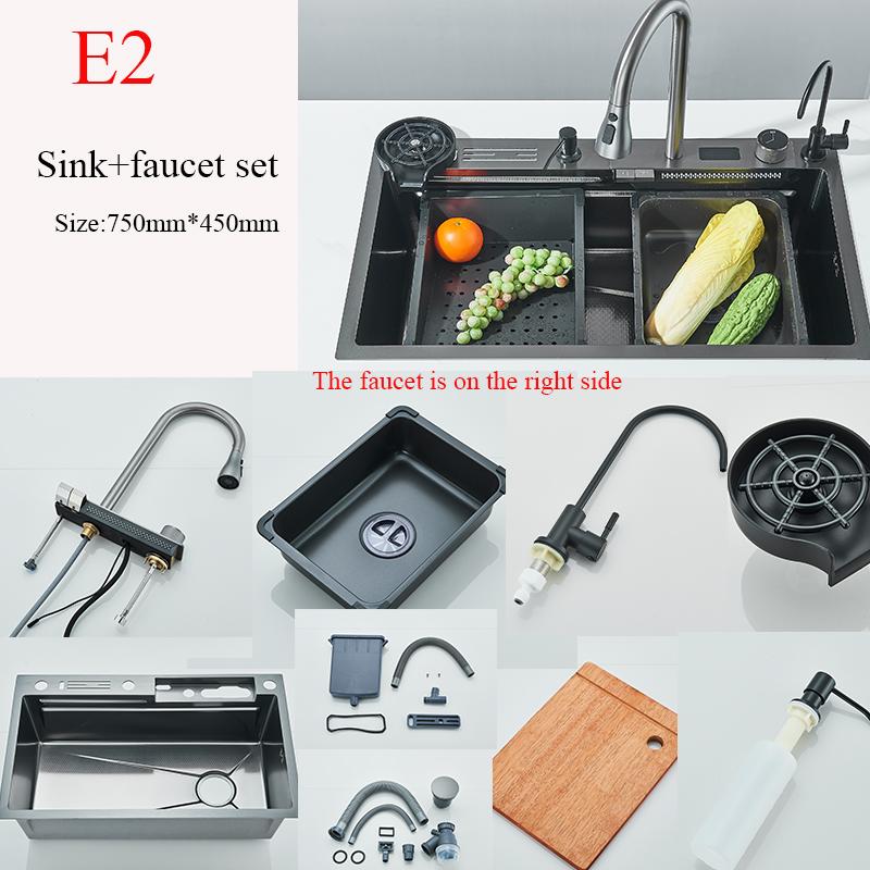 Раковина для кухни из нержавеющей стали с водопадом, цифровым дисплеем, большой одинарной чашей, мойка для посуды, мойка с многофункциональным сенсорным водопадом