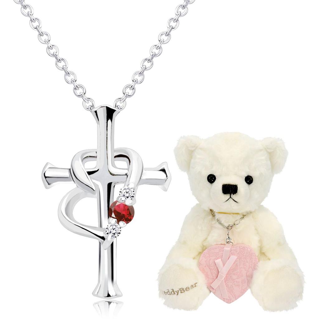 Necklace Cross Heart Diamond January Garnet Teddy Bear Pearl White [Sears] P5257-tdt-01-w01