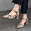 Chinese Style Buckle Pointed Toe Sandals Genuine Leather Elegant Thick Heels Women's Shoes