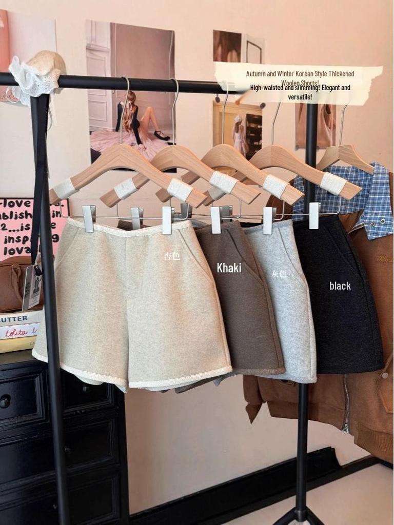 Women's Thickened Woolen High-Waisted Wide-Leg A-Line Shorts - Autumn/Winter 2025