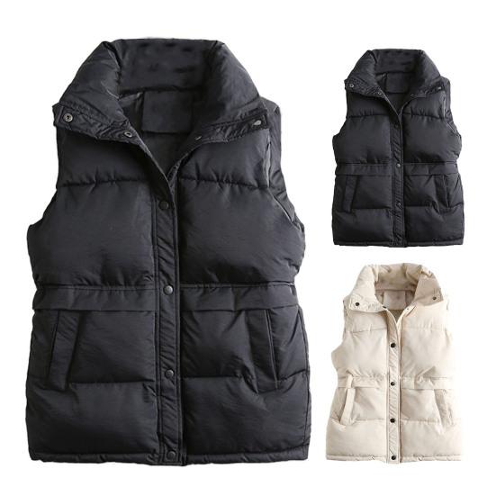 Women Winter Coat with Pockets Press Button Closure Padded Stand Collar Sleeveless