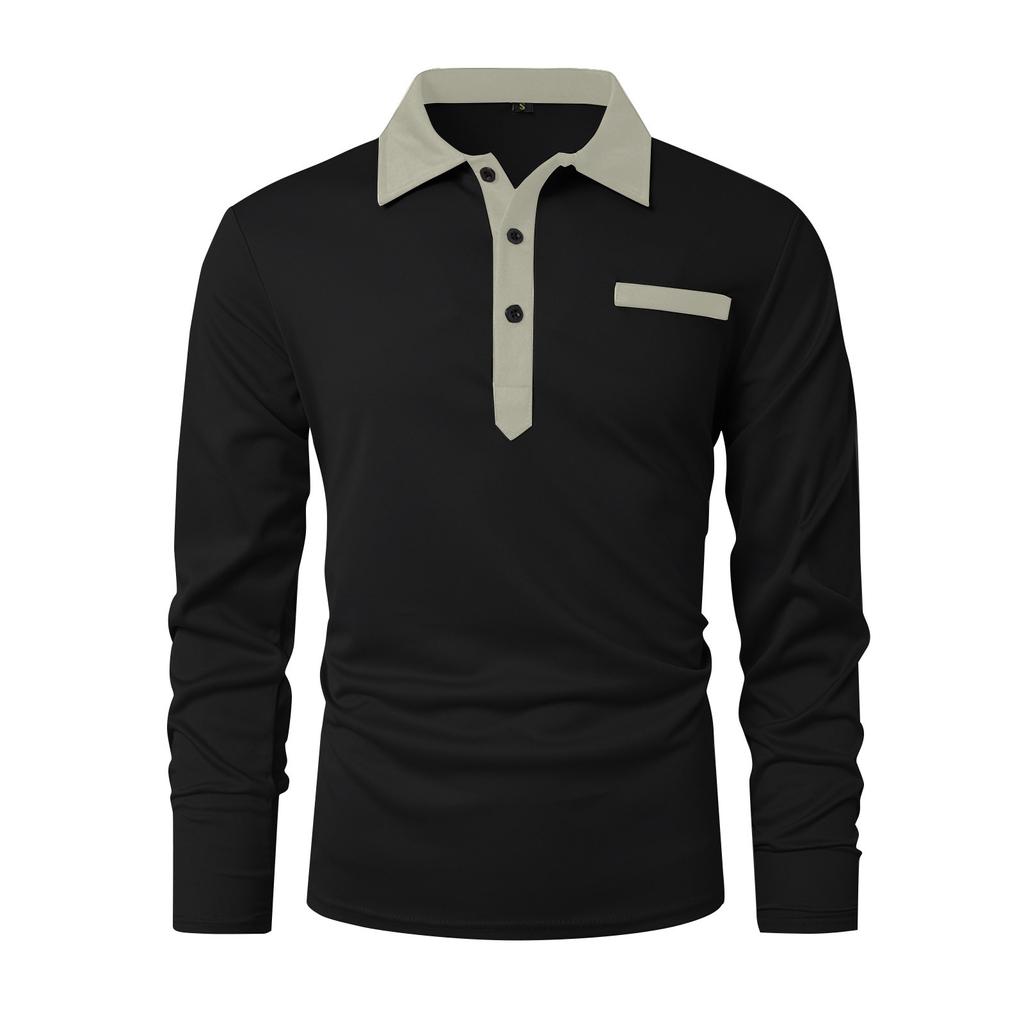 Men'S Collar Splicing Long Sleeved Fashionable Fake Pocket Top T-Shirt