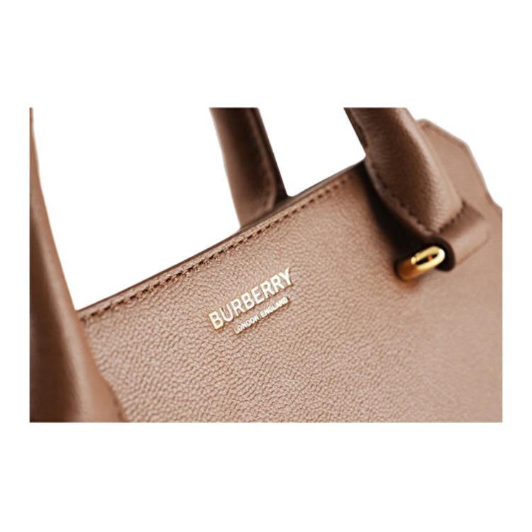 Burberry Brown Leather Mini Tote Handbag With Vintage Check Side Panels For Daily Use