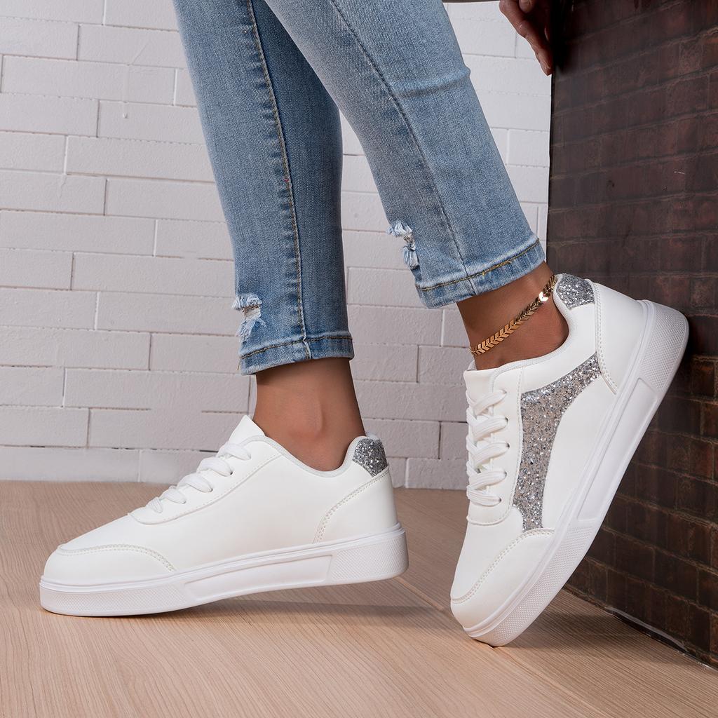 MCTIN White Shoes Women's PU Leather Sports Shoes Flats Black Sequined Sneakers Plus Size 35-42