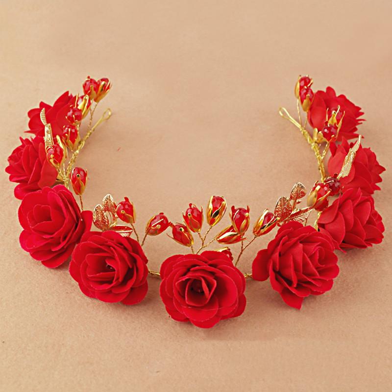 Свадебная тиара с красным цветком, повязка на голову золотого цвета с кристаллами и жемчугом, женский головной убор, свадебная корона, украшения для волос, аксессуары для волос