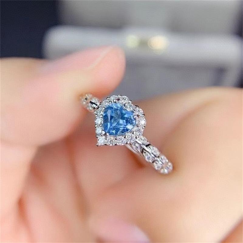 POMOiii Temperament Delicate Heart Blue Shaped Rings For Women Zircon Engagement Party Fine Jewelry Gift