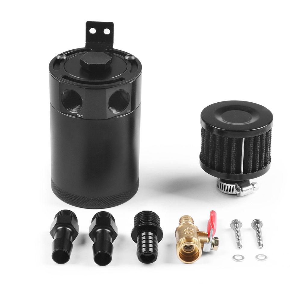 Universal Racing Baffled Aluminum 2-Port Oil Catch Can Tank With Drain Valve Breather Filter Air Oil Separator