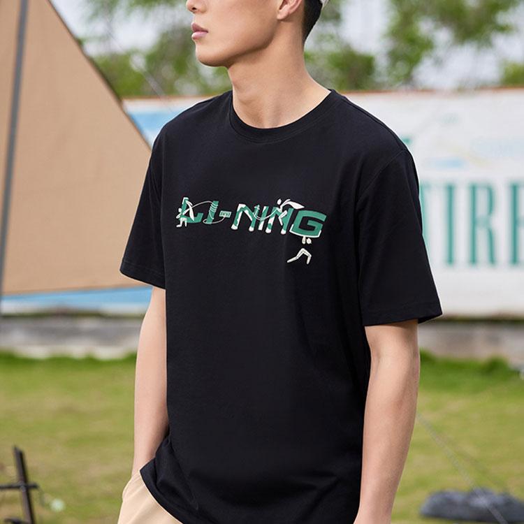 Li Ning Серия спортивной моды Логотип с буквой Пуловер с круглым вырезом и короткими рукавами Футболка унисекс Черный AHSSC35-1