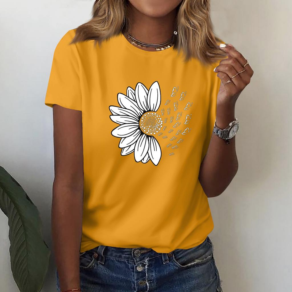 Женская рубашка с короткими рукавами, v-образный вырез, модная футболка с принтом подсолнухов, повседневный топ, топ с короткими рукавами длиной до плеч