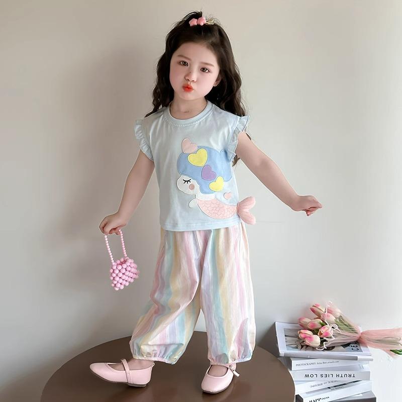 Summer Girls Fashionable Casual Two Piece Set Cute Baby Short Sleeve T Shirt And Pants Trendy Kids Clothing
