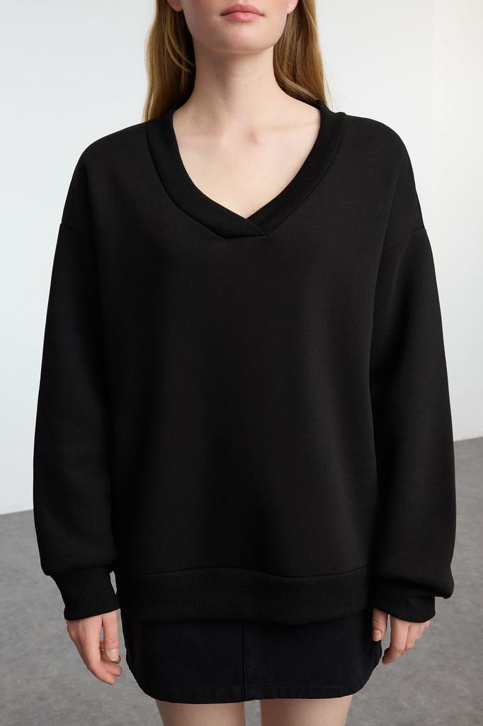 Женский модный стильный свитшот, черный базовый свитер оверсайз с v-образным вырезом, широкий крой, толстый флисовый вязаный свитшот внутри