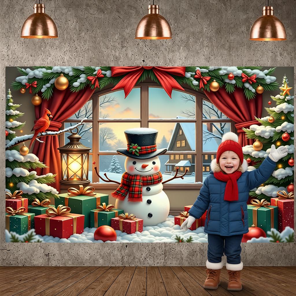 Festive Banner Gold Ornament Winter Backdrop Christmas Decor Banner Snowman Design Holiday Display For Holiday Gathering Xmas