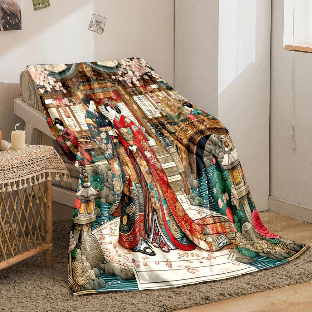 Japanese Kimono Couple in Cherry Blossom Garden print blanket soft and cozy perfect for the living room bed sofa or a nap,gift
