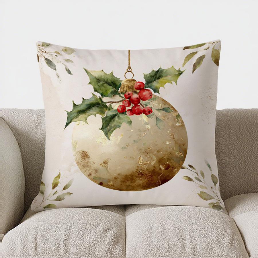 Christmas Holly Ball Pattern Throw Pillow Cover With Short Plush Print Living Room Sofa Decoration Cushion Cover Pillow Covers