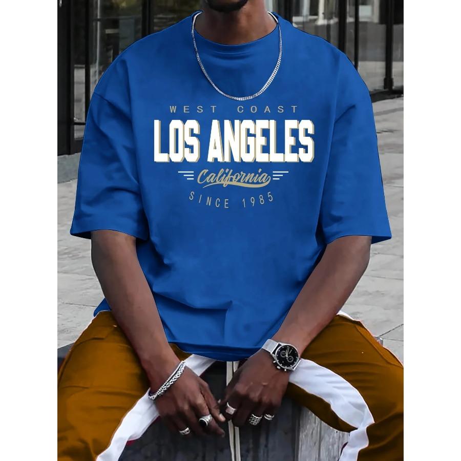 Хлопковая летняя мужская футболка из 100% хлопка, удобная, свободного покроя, большого размера, с принтом LOS ANGELES, с круглым вырезом и короткими рукавами