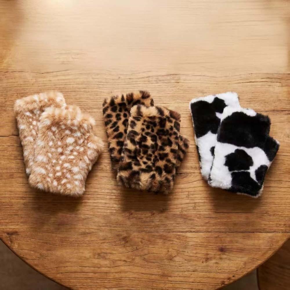 Fleece Lined Half Finger Mittens Elastic Cuff Faux Fur Handwarmer Fingerless Furry Gloves Teens