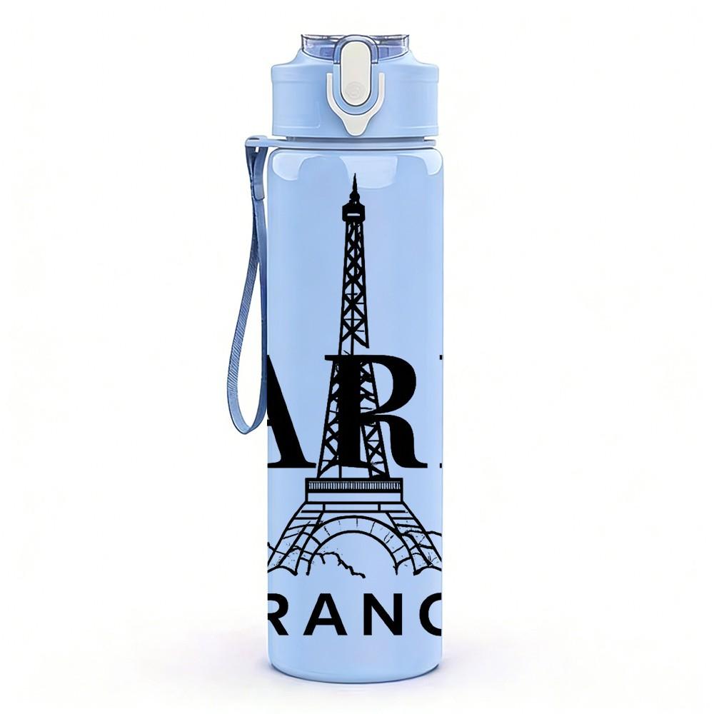 1PC Paris Eiffel Tower Print 750ml Color Plastic Sports Water Bottle Leakproof Flip Straw Lid Suitable for Sports Office Home Use